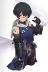  1girl arm_cannon bandaid bandaid_on_face bandaid_on_nose black_hair blue_eyes commentary_request cyborg grin gun hood hood_down jiang1274 original science_fiction short_hair simple_background skin_tight sleeveless smile smoke solo tattoo violet_eyes weapon 