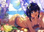  1girl :o absurdres ahoge arm_warmers banana bare_shoulders basket beach bikini black_hair choker clouds dark_skin e_2 fang food fruit highres holding konbu_wakame looking_at_viewer lying ocean on_stomach open_mouth orange original scan short_hair solo sunlight swimsuit thighs white_bikini yellow_eyes 