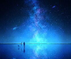  1boy blue_theme chair folding_chair galaxy highres horizon lake milky_way mks night night_sky original outdoors reflection reflective_floor scenery sky solo standing standing_on_liquid star_(sky) starry_sky telescope 