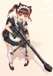  1girl animal_ears anti-materiel_rifle bell bipod brown_hair cat_ears gloves gun holding holding_gun holding_weapon jingle_bell kws maid maid_headdress original pink_eyes rifle simple_background sniper_rifle solo thigh-highs twintails weapon white_legwear 