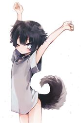  1boy animal_ears bangs blue_eyes bottomless collar dog_boy dog_ears dog_tail highres male_focus naked_shirt original petit_(shinoyasumicco) shinoyasumicco shirt simple_background solo stretch tail white_background 