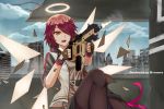  1girl :d absurdres arknights belt black_belt black_gloves black_legwear black_skirt blue_sky city clouds commentary day english_commentary exusiai_(arknights) fingerless_gloves gloves grey_shirt gun hair_over_one_eye halo heomura highres holding holding_gun holding_weapon huge_filesize jacket knee_up looking_at_viewer open_clothes open_jacket open_mouth pantyhose raglan_sleeves red_eyes redhead shirt short_hair short_sleeves sitting skirt sky smile solo weapon white_jacket 