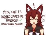  ! 1girl :d animal_ear_fluff animal_ears brooch character_name closed_eyes copyright_name english_text eyebrows_visible_through_hair facing_viewer hands_up how_to imaizumi_kagerou jewelry long_hair open_mouth redhead simple_background smile solo touhou white_background wolf_ears wool_(miwol) 