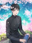  1boy :d artist_name bishounen black_eyes black_hair black_jacket black_pants blue_sky blurry blurry_background blush branch cherry_blossoms clouds cloudy_sky commentary day depth_of_field eyebrows_visible_through_hair fingernails flower gearous grass happy highres holding holding_thermos jacket katsuki_yuuri lips looking_at_viewer male_focus open_mouth outdoors pants petals pink_flower sitting sky smile spring_(season) symbol_commentary teeth thermos track_jacket track_pants tree_branch upper_body upper_teeth wind wind_lift yuri!!!_on_ice 