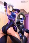  aquarion_(series) aquarion_logos ass ass_focus black_hair bodysuit embarrassed highres impossible_bodysuit impossible_clothes kikogami_kokone long_hair pilot_suit short_hair tsukigane_maia white_hair 