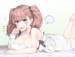  1girl atlanta_(kantai_collection) barefoot bed_sheet black_bra blue_eyes blush bra breasts brown_hair collarbone earrings eyebrows_visible_through_hair highres jewelry kantai_collection large_breasts long_hair lying no_hat no_headwear on_stomach open_mouth pillow shirt sleepy solo star star_earrings tears two_side_up underwear white_shirt yawning yui_(seiga) 