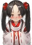  1girl alternate_hairstyle black_hair brown_eyes japanese_clothes kantai_collection kariginu long_hair looking_at_viewer miko nisshin_(kantai_collection) ribbon-trimmed_sleeves ribbon_trim short_eyebrows solo thick_eyebrows toka_(marchlizard) twintails upper_body 