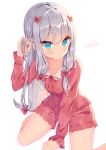  1girl absurdres bangs blue_eyes blush bow collarbone commentary_request eromanga_sensei eyebrows_visible_through_hair grey_hair hair_bow hair_ornament highres izumi_sagiri long_hair long_sleeves looking_at_viewer low-tied_long_hair pajamas pink_bow silver_hair simple_background sinobi_illust solo white_background 