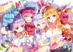  4girls :d :t ahoge arm_up bangs black_hairband black_pants blonde_hair blue_gloves blue_hair blue_ribbon blush bow braid brown_eyes brown_hair bunny-shaped_pupils closed_mouth collarbone commentary_request crop_top eyebrows_visible_through_hair fujishima-sei_ichi-gou gloves grin hair_bow hair_ribbon hairband hand_on_another&#039;s_head heterochromia highres hololive horns houshou_marine index_finger_raised kiryuu_coco long_hair midriff minato_aqua multicolored_hair multiple_girls navel off-shoulder_shirt off_shoulder one_eye_closed open_mouth paint_on_face paint_splatter pants pout purple_hair red_gloves red_ribbon ribbon ringlets shadow shirt short_eyebrows short_sleeves smile streaked_hair symbol-shaped_pupils thick_eyebrows twin_braids twintails two-tone_hair usada_pekora v-shaped_eyebrows very_long_hair violet_eyes virtual_youtuber white_bow white_hair white_shirt 
