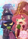  animal_ears blue_sky blush cherry_blossoms clouds dated eating fingernails flower gauntlets glowing glowing_eyes green_eyes hat highres holding large_hat leaf league_of_legends long_hair lulu_(league_of_legends) nnntarpe open_mouth outdoors petals pink_flower sky smile spikes teeth tongue turtleneck upper_body upper_teeth veigar yellow_eyes 