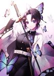  1girl absurdres belt belt_buckle black_hair black_jacket black_pants blurry_foreground buckle bug butterfly butterfly_hair_ornament closed_mouth gradient_hair hair_intakes hair_ornament haori highres holding holding_sword holding_weapon insect jacket japanese_clothes katana kimetsu_no_yaiba kochou_shinobu long_jacket looking_at_viewer military military_jacket military_uniform multicolored_hair naru_0 pants purple_hair shiny shiny_hair short_hair sleeveless sleeveless_jacket smile solo standing sword uniform violet_eyes weapon white_background white_belt 