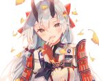  1girl absurdres armor autumn_leaves black_undershirt blush bow eyebrows fate/grand_order fate_(series) gloves hair_between_eyes hair_bow highres hiko_toji55 horns japanese_armor leaf leaves_in_wind long_hair looking_at_viewer oni_horns open_mouth partly_fingerless_gloves red_eyes silver_hair simple_background smile solo tomoe_gozen_(fate/grand_order) 