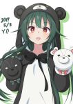  1girl :o animal_costume animal_ears animal_hood bangs bear_costume bear_ears bear_hood blush brown_eyes check_commentary colored_shadow commentary_request dated eyebrows_visible_through_hair green_hair hand_puppet hood hood_up kuma_kuma_kuma_bear long_hair long_sleeves looking_at_viewer open_mouth puppet shadow simple_background solo upper_body very_long_hair white_background yukyon yuna_(kuma_kuma_kuma_bear) 