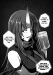  1girl absurdres arknights breasts commentary cup english_commentary facial_scar from_side green_eyes greyscale highres horn hoshiguma_(arknights) ichi10art large_breasts long_hair looking_at_viewer monochrome mug scar scar_on_cheek solo spot_color upper_body 