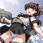  1girl 547th_sy adapted_turret artist_name black_sailor_collar black_skirt blue_sky brown_eyes brown_hair cannon clouds commentary_request dated dutch_angle highres kantai_collection machinery original_remodel_(kantai_collection) panties ponytail sailor_collar school_uniform serafuku shikinami_(kantai_collection) short_hair skirt sky solo turret underwear white_panties 