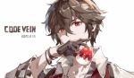  1boy black_gloves black_hair bracelet checkered code_vein dated gloves hair_between_eyes half_gloves holding jewelry loladestiny louis_(code_vein) male_focus red_eyes simple_background sleeves_rolled_up solo white_background 