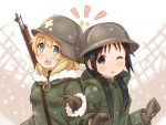  2girls back-to-back black_eyes black_hair blonde_hair blue_eyes chito_(shoujo_shuumatsu_ryokou) commentary fur_trim gloves gun helmet highres hood hood_down jacket locked_arms multiple_girls one_eye_closed rifle rifle_on_back shoujo_shuumatsu_ryokou snow snowing stahlhelm suzushiro_(gripen39) twintails weapon yuuri_(shoujo_shuumatsu_ryokou) 