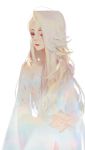  1girl closed_mouth collarbone dress elsa_(frozen) eyelashes frozen_(disney) frozen_2 holding_hands lips lipstick long_hair long_sleeves makeup mlcamaro shiny shiny_clothes smile solo strapless strapless_dress white_dress white_hair 