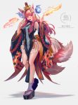  1girl animal_ear_fluff animal_ears blue_fire clog_sandals detached_sleeves fan fire floating_hair folding_fan fox_ears fox_tail full_body grey_background hand_up highres holding holding_fan inabi inari long_hair long_sleeves looking_at_viewer multiple_tails original pelvic_curtain pleated_skirt purple_legwear redhead simple_background skirt socks solo standing tail two_tails white_background white_skirt wide_sleeves 