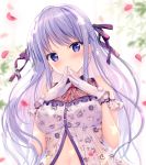  1girl arm_strap bangs blue_eyes blurry blurry_background blush earrings eyebrows_visible_through_hair floating_hair gloves hair_ribbon hanahanamaki highres jewelry long_hair looking_at_viewer midriff mole mole_under_eye neck_ribbon original pink_ribbon purple_ribbon ribbon shiny shiny_hair silver_hair solo stomach very_long_hair white_gloves 