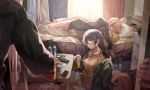  2boys 2girls animal_ears bangs blonde_hair blunt_bangs bottle brown_hair character_request closed_eyes earrings girls_frontline highres jewelry m4_sopmod_ii_(girls_frontline) miyabino_(miyabi1616) multiple_boys multiple_girls ro635_(girls_frontline) sleeping smile water_bottle yellow_eyes 