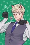  1boy absurdres animal_ears artist_name blush cat cat_ears doubutsu_no_mori formal glasses gloves green_background green_eyes heart heterochromia highres jack_(doubutsu_no_mori) leaf male_focus necktie paw_pose personification solo suit tongue tongue_out user_rjzu7857 yellow_eyes 