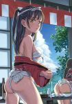  2girls ass back bare_shoulders black_hair bottle bowl braid breasts brown_hair clouds cloudy_sky cowboy_shot fundoshi green_eyes happi headband indoors japanese_clothes long_hair looking_at_viewer medium_breasts meo multiple_girls obentou off_shoulder open_door original parted_lips partially_undressed ponytail sake_bottle sarashi sky sliding_doors solo_focus spilling standing straight_hair summer sweat thighs tree 