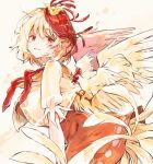  1girl animal_on_head bird bird_wings blonde_hair breasts chick chicken dress from_side hisona_(suaritesumi) large_breasts leaning_forward looking_at_viewer looking_to_the_side medium_hair multicolored_hair niwatari_kutaka on_head orange_dress red_eyes red_neckwear redhead rooster short_sleeves simple_background smile solo tail touhou two-tone_hair wings 