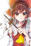  1girl ascot bow brown_eyes brown_hair closed_mouth commentary detached_sleeves eyebrows_visible_through_hair gohei hair_bow hair_tubes hakurei_reimu hand_up highres long_hair looking_at_viewer nonemu red_bow simple_background smile solo touhou upper_body white_background yellow_neckwear 