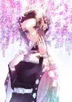  1girl animal_print aomiya bangs belt black_coat black_hair breasts butterfly_hair_ornament butterfly_print closed_mouth coat eyelashes flower forehead gradient_hair hair_ornament hand_in_hair hand_on_own_chest haori highres japanese_clothes kimetsu_no_yaiba kochou_shinobu long_sleeves looking_at_viewer medium_breasts multicolored_hair parted_bangs purple_hair shirt short_hair simple_background smile solo sunlight two-tone_hair uniform upper_body violet_eyes white_background white_shirt wide_sleeves wisteria 