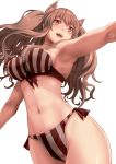  1girl angelina_(arknights) animal_ears arknights armpits bikini breasts eyebrows_visible_through_hair long_hair medium_breasts navel open_mouth outstretched_arm red_eyes side-tie_bikini simple_background solo striped striped_bikini swimsuit vertical-striped_bikini vertical_stripes white_background wide_hips yamauchi_(conan-comy) 