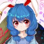  1girl :o abstract_background ambiguous_red_liquid animal_ears asymmetrical_eyebrows blue_dress blue_hair blush collarbone commentary_request dress ear_clip eyebrows_visible_through_hair face head_tilt highres kayon_(touzoku) kine looking_at_viewer low_twintails rabbit_ears red_eyes seiran_(touhou) short_hair solo touhou twintails upper_body 