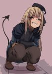  1girl black_headwear blonde_hair blue_coat blue_eyes brown_gloves coat commentary_request demon_tail fate_(series) fu-ta fur_coat gloves grin hand_on_own_cheek hand_on_own_thigh hat head_tilt long_hair lord_el-melloi_ii_case_files pantyhose reines_el-melloi_archisorte smile squatting tail 