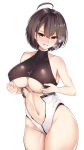  1girl absurdres adjusting_clothes adjusting_leotard ahoge azur_lane baltimore_(azur_lane) bangs bare_shoulders black_hair black_leotard blush braid breasts breath collarbone commentary covered_collarbone covered_nipples cowboy_shot eyebrows_visible_through_hair french_braid grin groin groin_tendon hair_between_eyes halterneck head_tilt highleg highleg_leotard highres large_breasts legs_together leotard looking_at_viewer masaki_nanaya naughty_face navel navel_cutout nose_blush parted_bangs shiny shiny_hair short_hair simple_background skin_tight smile solo standing stomach straight_hair sweatdrop taut_clothes taut_leotard thick_thighs thighs turtleneck under_boob underboob_cutout underbust white_background white_leotard yellow_eyes 