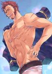  1boy abs beard belt blue_eyes brown_hair chest closed_eyes facial_hair fate/grand_order fate_(series) from_side hand_on_hip highres holding holding_jacket jacket male_focus mitsuwo300 muscle napoleon_bonaparte_(fate/grand_order) navel outdoors pants scar shirtless simple_background smile solo white_pants 