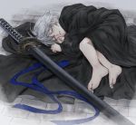 1boy blanket child closed_eyes devil_may_cry devil_may_cry_4 eyebrows_visible_through_hair fingernails fog hair_between_eyes highres injury katana lying male_focus on_floor on_side outdoors parted_lips scratches sheath sheathed sleeping solo sword toenails weapon white_hair yse5959 