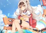  1girl azur_lane bird blue_buruma blue_sky breasts buruma chick choker clouds commentary_request crop_top day flag grey_hair gym_uniform jacket kuaua leg_belt long_hair looking_at_viewer machinery manjuu_(azur_lane) midriff off_shoulder open_clothes open_jacket ponytail rainbow red_jacket shirt short_sleeves sitting sky small_breasts solo sparkle thighs very_long_hair visor_cap water white_shirt yellow_eyes z46_(azur_lane) z46_(girls&#039;_relay)_(azur_lane) 