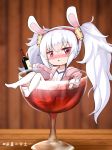  1girl absurdres alcohol animal_ears azur_lane bangs blurry blurry_background blush bottle camisole chibi collarbone commentary_request cup drinking_glass drooling drunk eyebrows_behind_hair fake_animal_ears full_body fur-trimmed_jacket fur_trim hair_between_eyes hair_ornament hairband highres holding holding_bottle jacket laffey_(azur_lane) long_hair long_sleeves looking_at_viewer no_shoes nose_blush off-shoulder_jacket open_clothes open_jacket partially_submerged pink_jacket pleated_skirt rabbit_ears red_eyes red_hairband red_skirt shadow sidelocks single_bare_shoulder skirt solo thigh-highs triangle_mouth twintails twitter_username very_long_hair white_camisole white_hair white_legwear wine wine_bottle wine_glass wooden_table zhihe_er_fen_zhiyi 