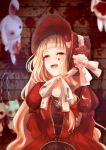  1girl arm_behind_back bangs blonde_hair blood blood_on_face blood_splatter blunt_bangs bonnet bow brick_wall chain collarbone dress flower hair_bow highres indoors juliet_sleeves little_red_riding_hood_(sinoalice) long_hair long_sleeves looking_up neck_ribbon open_mouth orange_eyes puffy_sleeves rabbit red_bow red_dress red_flower red_headwear red_rose ribbon rose sagarifuji000 sinoalice solo splatter standing stuffed_animal stuffed_bunny stuffed_toy upper_body upper_teeth wavy_hair white_neckwear white_ribbon 