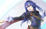  1girl attack blue_eyes blue_hair cape commentary fingerless_gloves fire_emblem fire_emblem_awakening gloves highres long_hair lucina lucina_(fire_emblem) solo super_smash_bros. swinging sword tiara tomas_(kaosu22) weapon 