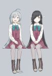  2girls ahoge bangs black_hair blush boots cross-laced_footwear dated dress eyebrows_visible_through_hair full_body grey_background grey_hair grey_legwear hair_between_eyes hair_over_one_eye hair_ribbon hayashimo_(kantai_collection) kantai_collection kiyoshimo_(kantai_collection) kusakasima lace-up_boots long_hair long_sleeves low_twintails multiple_girls open_mouth pantyhose purple_dress ribbon school_uniform shirt signature simple_background sitting smile twintails white_shirt 