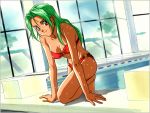  1990s_(style) 1girl barefoot bikini day green_eyes indoors long_hair o-ring o-ring_bikini official_art pool red_bikini red_eyes smile solo strapless strapless_swimsuit swimsuit wet yamada_masaki zenkoku_seifuku_bishoujo_grand_prix 