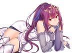  1girl absurdres bangs breasts detached_sleeves dress fate/grand_order fate_(series) fur-trimmed_dress fur_trim hair_between_eyes head_in_hand headpiece highres looking_at_viewer lying medium_breasts on_side onceskylark ponytail purple_hair purple_ribbon red_eyes ribbon scathach_(fate)_(all) scathach_skadi_(fate/grand_order) simple_background smile solo thigh-highs thighs tiara white_background 
