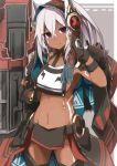  1girl absurdres azur_lane blush bodypaint breast_curtain breasts dark_skin eyebrows_visible_through_hair facepaint facial_mark hair_between_eyes highres long_hair looking_at_viewer machinery medium_breasts minneapolis_(azur_lane) native_american navel panties ponytail red_eyes revealing_clothes sakuragi_raia smile solo under_boob underwear white_hair 