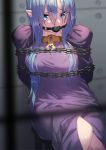  1girl ball_gag bdsm blue_eyes blue_hair bondage bound caster chain commentary_request dress fate/stay_night fate_(series) gag highres jonsun long_hair md5_mismatch pointy_ears purple_dress restrained robe solo tied_up 