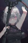  1girl arm_behind_head armpits arrow bare_shoulders black_gloves black_ribbon blush bow_(weapon) breasts eyebrows_visible_through_hair gloves hair_over_one_eye hair_ribbon holding holding_bow_(weapon) holding_weapon oota_youjo original quiver ribbon short_hair silver_hair sleeveless solo violet_eyes weapon 