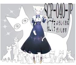  &lt;o&gt;_&lt;o&gt; 1girl absurdres animal_ears blue_dress blue_ribbon breasts cat cat_ears cat_tail character_name collar dress frills grey_background grey_eyes highres long_dress long_sleeves murau_68 no_mouth personification ribbon scp-040-jp scp_foundation shoes short_hair tail white_hair wide-eyed 