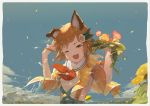  1girl ;d animal_ears arm_up blue_sky blurry blurry_foreground blush braid brown_eyes brown_hair cg_(2686805355) character_request clouds commentary_request day depth_of_field erune fang flower granblue_fantasy hair_flower hair_ornament hand_up highres holding holding_flower jacket looking_at_viewer one_eye_closed open_clothes open_jacket open_mouth outdoors red_flower sailor_collar shirt short_sleeves sky smile solo vajra_(granblue_fantasy) water water_drop white_flower white_sailor_collar white_shirt yellow_flower yellow_jacket 