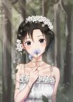  1girl antenna_hair bangs black_eyes black_hair blue_flower blush bracelet breasts collarbone dress earrings falling_leaves floral_dress floral_print flower flower_to_mouth forest hair_between_eyes hair_flower hair_ornament highres idolmaster idolmaster_(classic) idolmaster_2 jewelry kikuchi_makoto leaf leaf_earrings lily_(flower) looking_at_viewer mogskg nature outdoors plant ribbon short_hair sleeveless sleeveless_dress small_breasts solo tree upper_body vines white_dress white_lily white_ribbon 