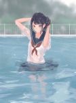  1girl adjusting_hair black_hair clouds cloudy_sky commentary_request fence grey_eyes noanoa-iroha original pool school_uniform see-through serafuku skirt sky solo wading wet wet_clothes wet_hair 